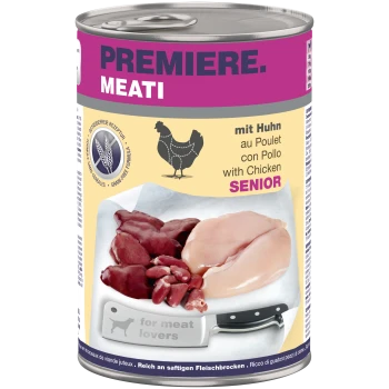 Dose PREMIERE MEATI Senior-Hundefutter mit Huhn, zeigt rohe Hühnerstücke, Hühnersilhouette und den Text "with Chicken SENIOR".