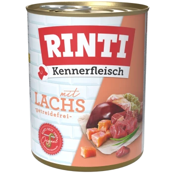 Dose Rinti Kennerfleisch getreidefreies Hundefutter mit Lachs und Fleischstücken auf dem Etikett.