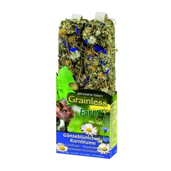 Getreidefreie Farmy's Haustierfutterverpackung mit getrockneten Blumen, Kräutern und einem Hasen, beschriftet mit "Daisy-Cornflower" auf Deutsch und Englisch.