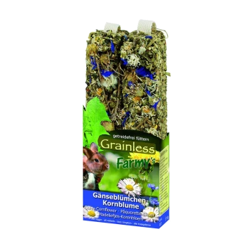 Getreidefreie Farmy's Haustierfutterverpackung mit getrockneten Blumen, Kräutern und einem Hasen, beschriftet mit "Daisy-Cornflower" auf Deutsch und Englisch.