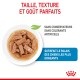 Bol blanc de nourriture pour chiens avec des morceaux de viande dans une sauce, avec le texte : "Taille, texture et goût parfaits" et "Sans conservateurs, sans colorants."