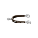 Braune Reitsporen mit silbernen Akzenten, die ein geschwungenes Design und Aussparungen für den Griff aufweisen.