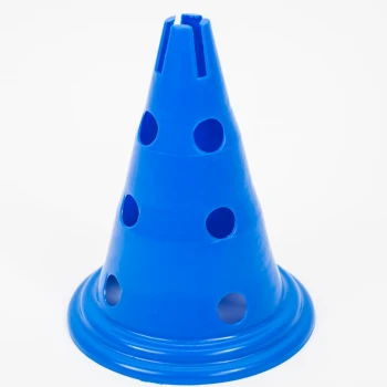 Agility Pylon 30cm Blauer Kunststoff-Trainingskonus mit Löchern, entworfen für Haustieragilitätsübungen, vor einem weißen Hintergrund.