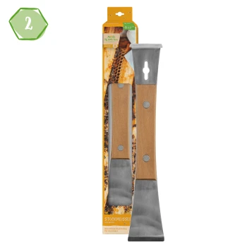 Ein hochwertiges Bienenstockwerkzeug mit einem Holzgriff und einer Klinge aus rostfreiem Stahl, verpackt mit einem Honigwaben-Hintergrund und dem Text "Mein kleiner Bauernhof."