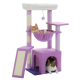 Zwei Katzen entspannen sich auf einem lila Katzenbaum; eine orangefarbene Tabby liegt in einer Hängematte, während eine graue Tabby aus einem gemütlichen Versteck herauslugt.