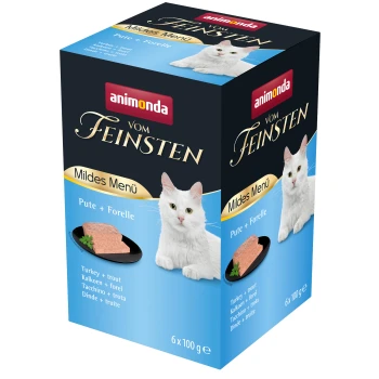Verpackung für Animonda Katzenfutter mit einer weißen Katze, beschriftet mit "Vom Feinsten Mildes Menü Pute + Forelle" mit Puten- und Forellenbestandteilen.