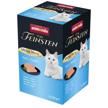 Verpackung für Animonda Katzenfutter mit einer weißen Katze, beschriftet mit "Vom Feinsten Mildes Menü Pute + Forelle" mit Puten- und Forellenbestandteilen.