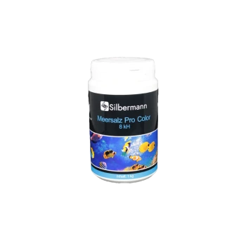 Behälter von Silbermann Meersalz Pro Color, 1 kg, mit bunten Fischen auf dem Etikett und der Angabe "8 kH" auf schwarzem Hintergrund.