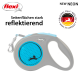Eine graue und blaue flexi ausziehbare Hundeleine mit Wabenmuster, mit dem Text "NEW NEON" und "reflektierend" deutlich angezeigt.