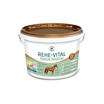 Ein weißer und goldener Eimer, beschriftet mit "REHE-VITAL PREMIUM ERGÄNZUNG" für Pferdeergänzungen, mit einem Diagramm eines Pferdes und ernährungsphysiologischen Vorteilen.