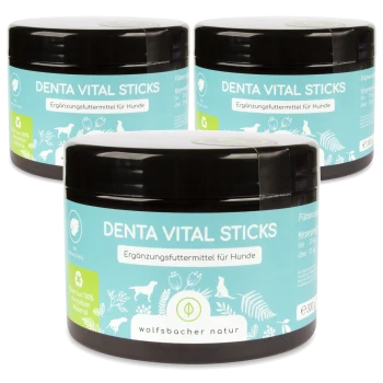Drei Gläser "Denta Vital Sticks" für Hunde, gekennzeichnet als Ergänzungsfuttermittel, mit einem hellblauen Design und der Marke "wolfsbacher natur."