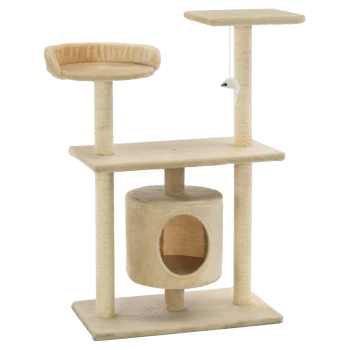 Katzenbaum mit zwei Plattformen, einem gemütlichen oberen Platz, einem Kratzbaum und einem versteckten Fach, mit einem baumelnden Spielzeugmaus.