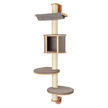 Hoher beiger und grauer Katzenbaum mit mehreren Plattformen, einer gemütlichen geschlossenen Höhle und einer Hängematte zum Klettern und Ausruhen.