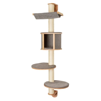 Hoher beiger und grauer Katzenbaum mit mehreren Plattformen, einer gemütlichen geschlossenen Höhle und einer Hängematte zum Klettern und Ausruhen.