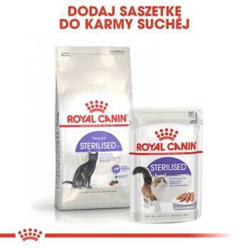 Opakowanie Royal Canin pokazujące torebkę suchej karmy Regular Sterilised dla kotów i saszetkę mokrej karmy Sterilised z tekstem powyżej.