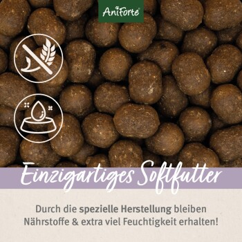 AniForte einzigartiges weiches Haustierfutter, das runde dunkle Kroketten enthält, mit Symbolen, die die Vorteile von getreidefreiem Futter und Feuchtigkeitsbindung anzeigen.