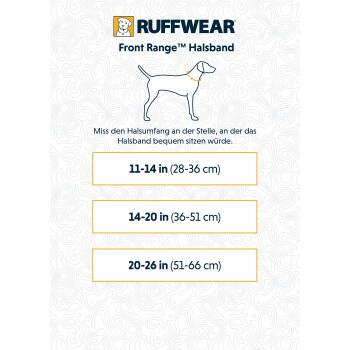 Hund mit einem gelben Halsband, das "Ruffwear Front Range™ Halsband" beschriftet ist. Größen: 11-14 Zoll, 14-20 Zoll, 20-26 Zoll.