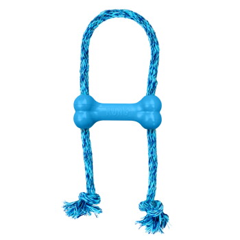 Jouet pour chien en caoutchouc bleu en forme d'os enfiché sur une corde tressée bleue avec extrémités nouées et effilochées ; 'KONG' visible.