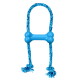 Jouet pour chien en caoutchouc bleu en forme d'os enfiché sur une corde tressée bleue avec extrémités nouées et effilochées ; 'KONG' visible.