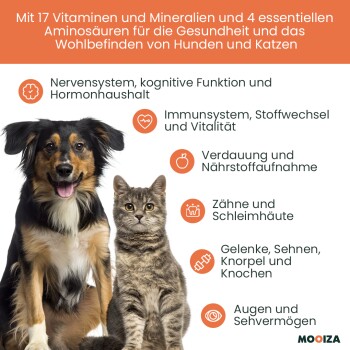 Hunde und Katze sitzen nebeneinander, umgeben von Text über 17 Vitamine, Mineralien und 4 essentielle Aminosäuren für ihre Gesundheit.