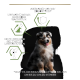Ein flauschiger Australian Shepherd Welpe auf schwarzem Hintergrund mit Text: "Unterstützt gesundes Wachstum," "Gesunde Gelenke," "Angereichert mit Kolostrum."