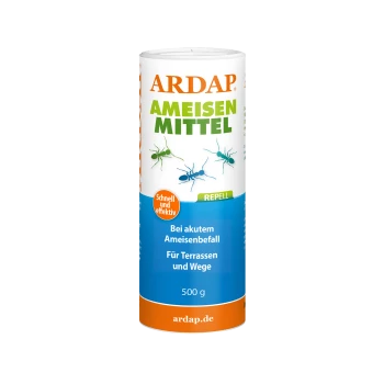 500g ARDAP Ameisenabwehrmittelbehälter mit grünen und blauen Ameisen auf weißem Hintergrund, beschriftet mit "Schnell und effektiv" und "Bei akutem Ameisenbefall."