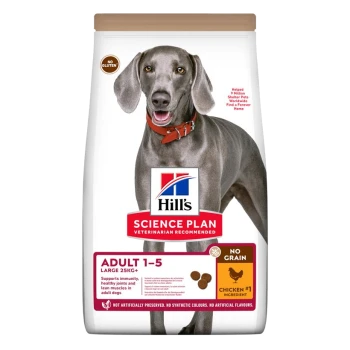 Torba z jedzeniem dla psów Hill's Science Plan, oznaczona "Adult 1-5 Large 25KG+", podkreślająca "Bez zboża" i "Kurczak #1 składnik", z korzyściami odżywczymi.