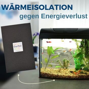 Aquarium mit Fischen und Pflanzen neben einer schwarzen GarPet‑Isolationsmatte; deutscher Text „WÄRMEISOLATION gegen Energieverlust“