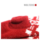 Roter gestrickter Haustiersweater mit hohem Kragen, mit einem weißen Schneeflockenmuster, gebrandet mit 'WOLTERS' in der oberen rechten Ecke.
