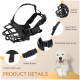 Schwarzer Hundemaulkorb mit Korbdesign, verstellbarem Nackenriemen, Sicherheitsgurt über dem Kopf, Sicherheitsverschluss und festem Halsbandring.