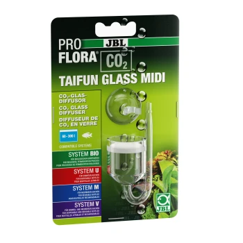 JBL Pro Flora CO2 Taifun Glas Midi, ein Glas CO2-Diffusor für Aquarien, geeignet für Systeme BIO, U, M und V, mit einer Kapazität von 60-300 Litern.