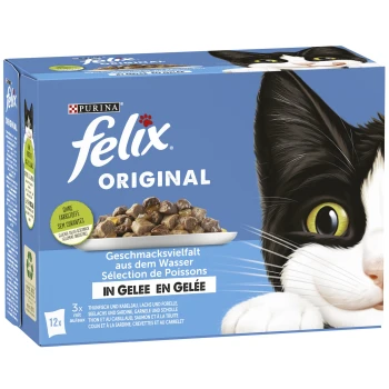 Original Geschmacksvielfalt aus dem Wasser in Gelee 12x85g Schachtel Purina Felix Original Katzenfutter mit dem Gesicht einer schwarz-weißen Katze, mit mehrsprachigem Text über die Fischauswahl in Gelee.