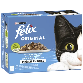 Schachtel Purina Felix Original Katzenfutter mit dem Gesicht einer schwarz-weißen Katze, mit mehrsprachigem Text über die Fischauswahl in Gelee.