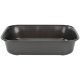 Un plat rectangulaire pour nourriture d'animaux de couleur gris foncé avec des bords lisses et un intérieur brillant, adapté pour nourrir les animaux.