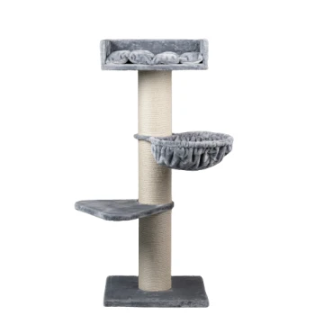 Grauer Katzenbaum mit zwei plüschigen Betten, einem Kratzbaum und einer seitlichen Hängematte, entworfen für den Komfort und das Spiel von Katzen.