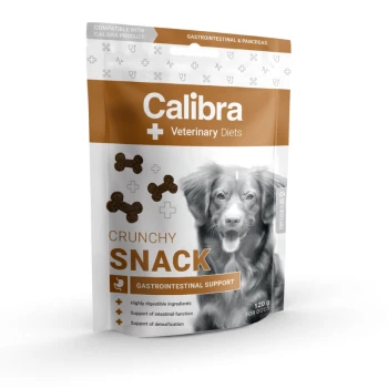 Calibra Veterinary Diets Crunchy Snack für Hunde, 120g, mit einer braun-weißen Verpackung mit einem Etikett für gastrointestinalen Support.