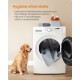 Golden Retriever neben einer Frontlader-Waschmaschine, mit herausragender grauer Haustiermatte und Flaschen obenauf; Wandtext 'Hygiene ohne Mühe'.