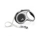 A black and silver retractable dog leash with a white cord and a metal clip, featuring a logo and "MADE IN GERMANY" text.