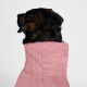 Ein stilvoller Hund trägt einen weichen rosa Fleece-Mantel und schaut nach oben vor einem hellrosa Hintergrund.