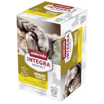 Integra Protect Adult Urinary Struvitstein Huhn 6x100 g Animonda Integra Protect Urinary Katzenfutterverpackung mit einer Nahaufnahme des Katzenkopfes, beschriftet mit 'Urinary' und 'mit Huhn'.