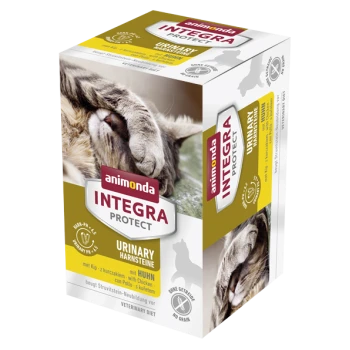 Animonda Integra Protect Urinary Katzenfutterverpackung mit einer Nahaufnahme des Katzenkopfes, beschriftet mit 'Urinary' und 'mit Huhn'.
