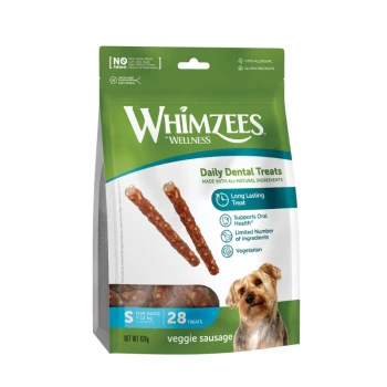 Whimzees Wellness Daily Dental Treats-Tasche – Gemüsewürstchen, 28 kleine (S) Leckerlis, grüne Verpackung mit Hunde-Foto.