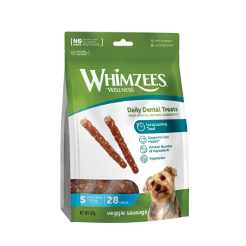 Sachet Whimzees Wellness Daily Dental Treats — saucisse végétale, 28 petites friandises (S), emballage vert avec photo de chien.