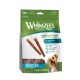 Sachet Whimzees Wellness Daily Dental Treats — saucisse végétale, 28 petites friandises (S), emballage vert avec photo de chien.