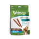 Whimzees Wellness Daily Dental Treats-Tasche – Gemüsewürstchen, 28 kleine (S) Leckerlis, grüne Verpackung mit Hunde-Foto.