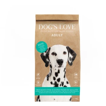 Braune Papiertüte mit DOG'S LOVE Trockenfutter für Erwachsene, beschriftet mit "Ente" (Duck) und mehrsprachigen Nährwertangaben.