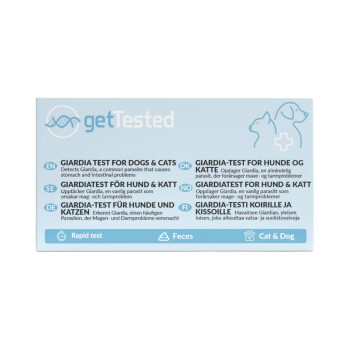 getTested Giardia-Test für Hunde & Katzen – Schnelltest für Kot; mehrsprachige Beschreibungen und Katzen-/Hundesymbole