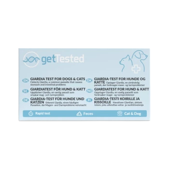 getTested Giardia-Test für Hunde & Katzen – Schnelltest für Kot; mehrsprachige Beschreibungen und Katzen-/Hundesymbole