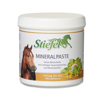 Behälter mit Stiefel Mineralpaste für Pferde, mit einem Pferdebild und Text, der den Mineralgehalt und die Vorteile für die Beine des Pferdes hervorhebt.
