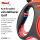 Verstellbarer flexibler Hundeleinengriff mit ergonomischem Griff und roten Akzenten; deutscher Text hebt anpassbare Passform für alle Handgrößen hervor.